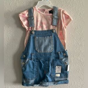 NWT 7 for all mankind baby girl 2 piece set blue jean overalls shirt 24 months